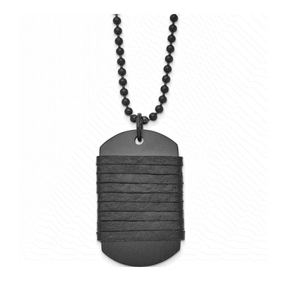 Black Stainless Steel Black Dog Tag Leather Pendant Necklace
