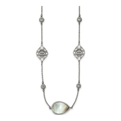 Stainless Steel Mother of Pearl & CZ Necklace