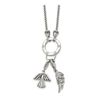 Stainless Steel CZ Feather Angel Pendant Necklace