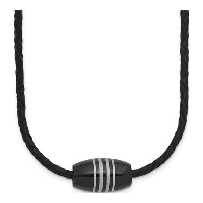 Black Stainless Steel Black Leather Cord Necklace