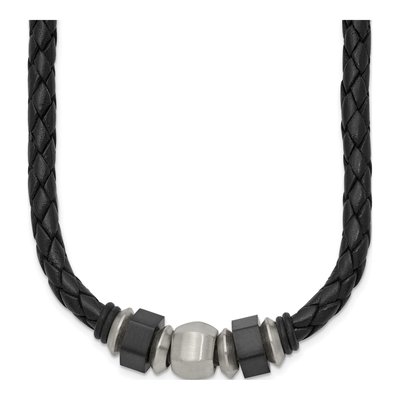 Black Stainless Steel Black Leather Cord Necklace