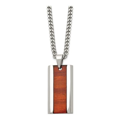 Stainless Steel Red Koa Wood Dog Tag Pendant Necklace