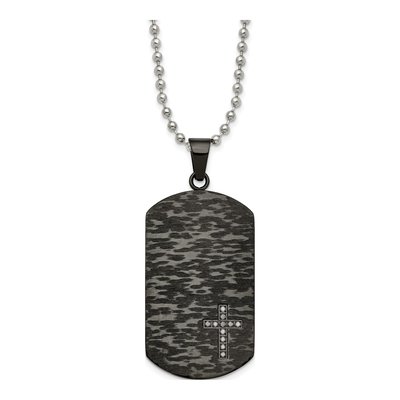 Black Stainless Steel 1/10 ct tw Diamond Cross Dog Tag Pendant Necklace