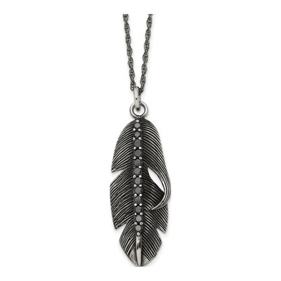 Stainless Steel CZ Feather Pendant Necklace