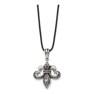 Stainless Steel Fleur de Lis Leather Pendant Necklace – view 4