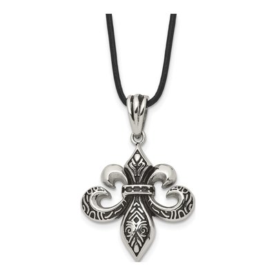 Stainless Steel Fleur de Lis Leather Pendant Necklace