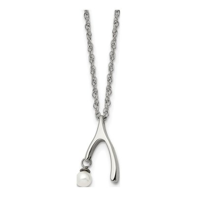 Stainless Steel Freshwater Cultured Pearl Wishbone Pendant Necklace