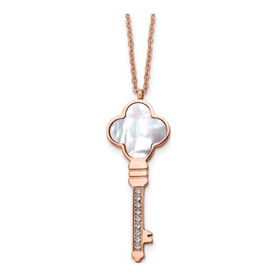 Stainless Steel Mother of Pearl & CZ Key Pendant Necklace