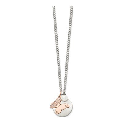Stainless Steel Simulated Pearl & CZ IP Butterfly Pendant Necklace – view 4