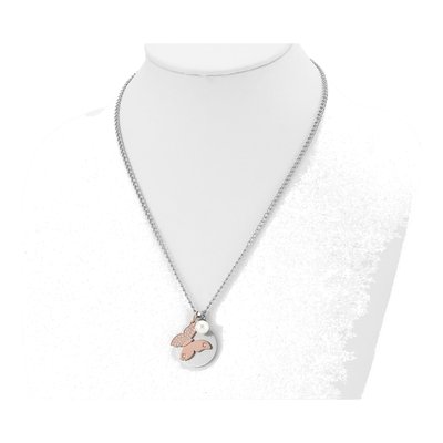 Stainless Steel Simulated Pearl & CZ IP Butterfly Pendant Necklace – view 5