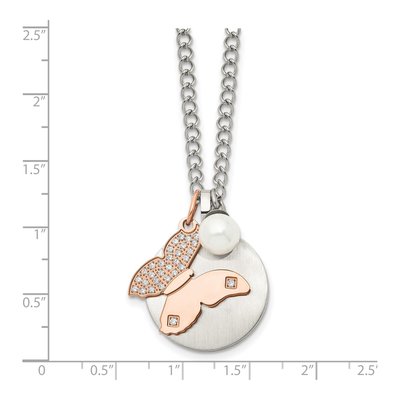 Stainless Steel Simulated Pearl & CZ IP Butterfly Pendant Necklace – view 6