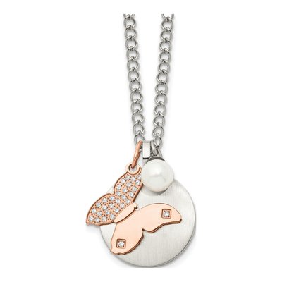 Stainless Steel Simulated Pearl & CZ IP Butterfly Pendant Necklace