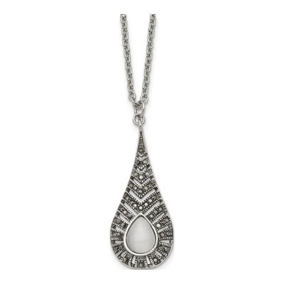 Stainless Steel Marcasite Cat's Eye Pendant Necklace