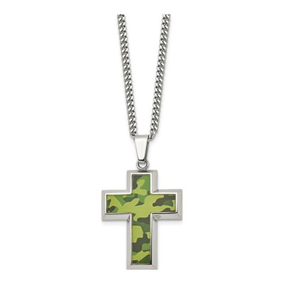 Stainless Steel Green Camo Cross Pendant Necklace – view 4
