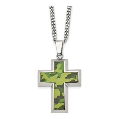 Stainless Steel Green Camo Cross Pendant Necklace