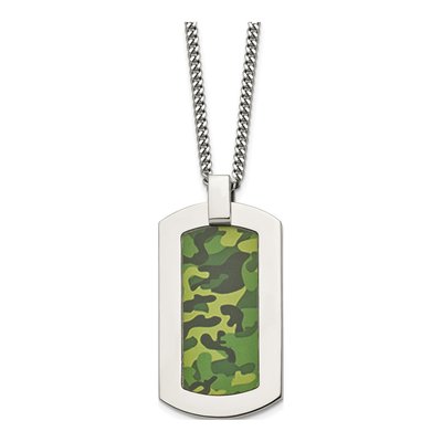 Stainless Steel Green Camo Dog Tag Pendant Necklace