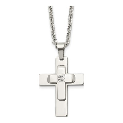 Stainless Steel CZ Cross Pendant Necklace