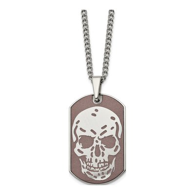Stainless Steel Brown IP Skull Dog Tag Pendant Necklace