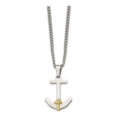 Stainless Steel & 14K Gold Diamond Cross Pendant Necklace – view 4