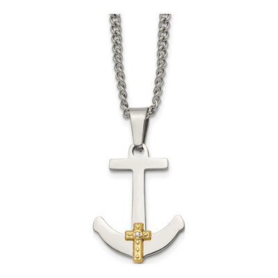 Stainless Steel & 14K Gold Diamond Cross Pendant Necklace