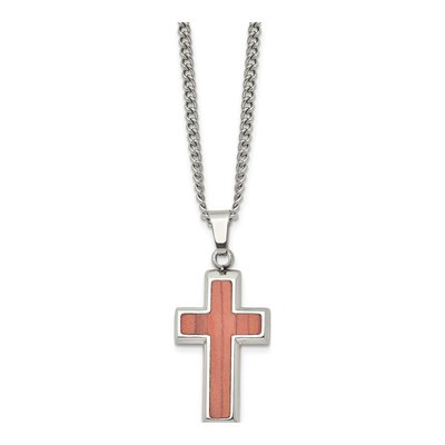 Stainless Steel Wood Inlay Cross Pendant Necklace – view 4