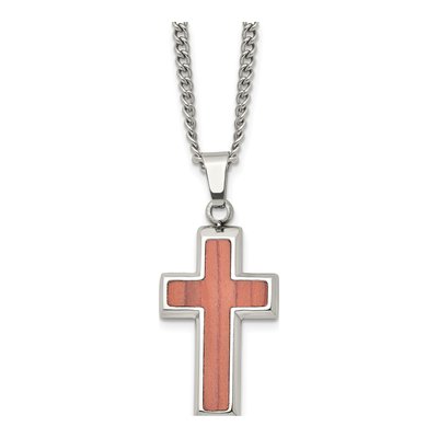 Stainless Steel Wood Inlay Cross Pendant Necklace