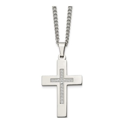 Stainless Steel CZ Cross Pendant Necklace