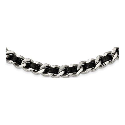 Stainless Steel Black Leather Curb Choker Necklace