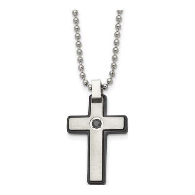 Black Stainless Steel CZ Cross Pendant Necklace
