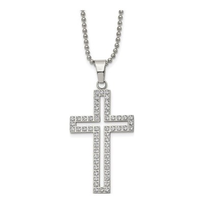 Stainless Steel CZ Cutout Cross Pendant Necklace