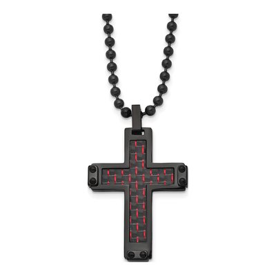 Black Stainless Steel Black Carbon Fiber Cross Pendant Necklace
