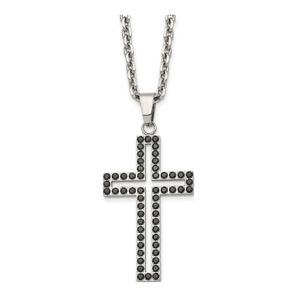 Men's Stainless Steel Black CZ Cross Necklace, 20"