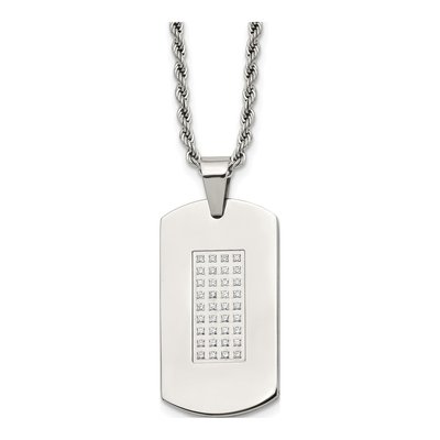 Stainless Steel CZ Dog Tag Pendant Necklace
