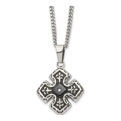 Black Stainless Steel CZ Celtic Cross Pendant Necklace