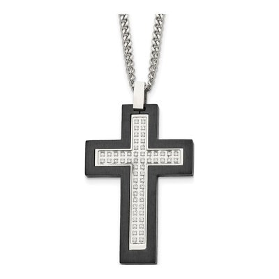 Black Stainless Steel CZ Cross Pendant Necklace