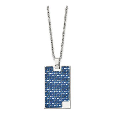 Stainless Steel Blue Carbon Fiber Dog Tag Pendant Necklace