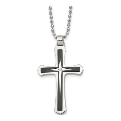 Black Stainless Steel CZ Cross Pendant Necklace