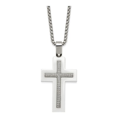 Stainless Steel CZ Ceramic Cross Pendant Necklace