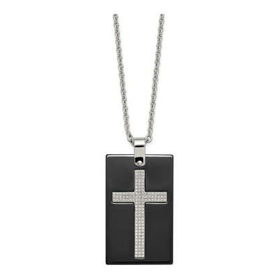 Stainless Steel CZ Ceramic Cross Dog Tag Pendant Necklace – view 4