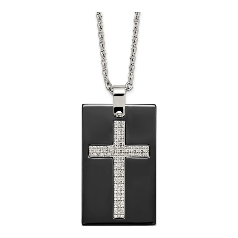 Men's Stainless Steel Black Ceramic CZ Cross Dog Tag