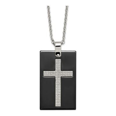 Stainless Steel CZ Ceramic Cross Dog Tag Pendant Necklace