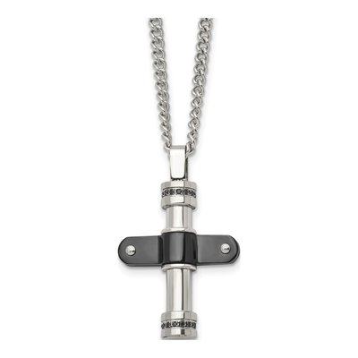 Black Stainless Steel CZ Cross Pendant Necklace