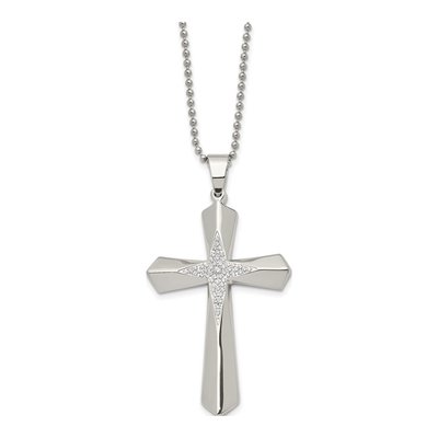 Stainless Steel CZ Cross Pendant Necklace