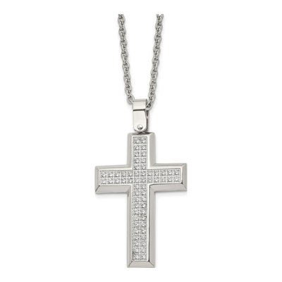 Stainless Steel CZ Cross Pendant Necklace