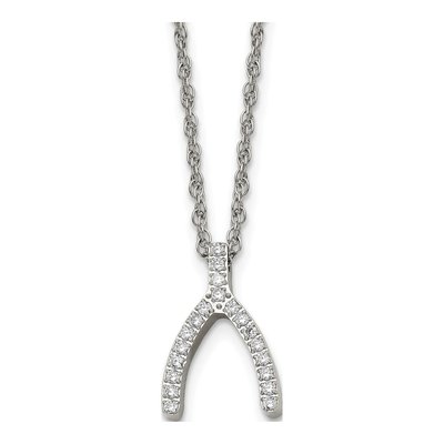 Stainless Steel CZ Wishbone Pendant Necklace