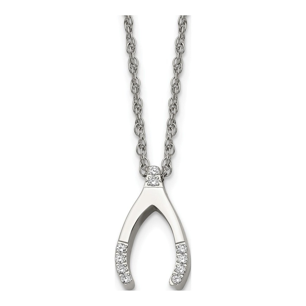 Stainless Steel CZ Wishbone Pendant Necklace