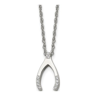 Stainless Steel CZ Wishbone Pendant Necklace