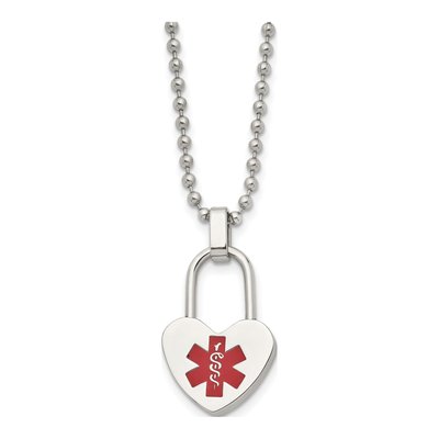 Stainless Steel Red Enamel Heart Medical ID Necklace