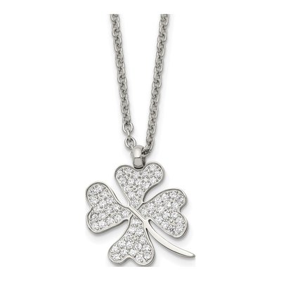 Stainless Steel CZ Four Leaf Clover Pendant Necklace