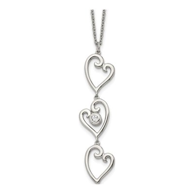 Stainless Steel CZ Dangle Hearts Pendant Necklace